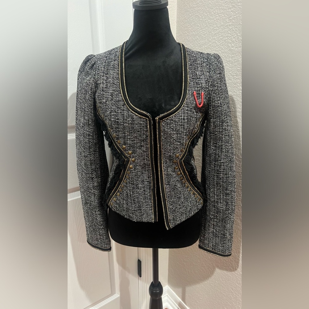 Scotch & Soda Maison Scotch Open Front Black Tweed Jacket Studded